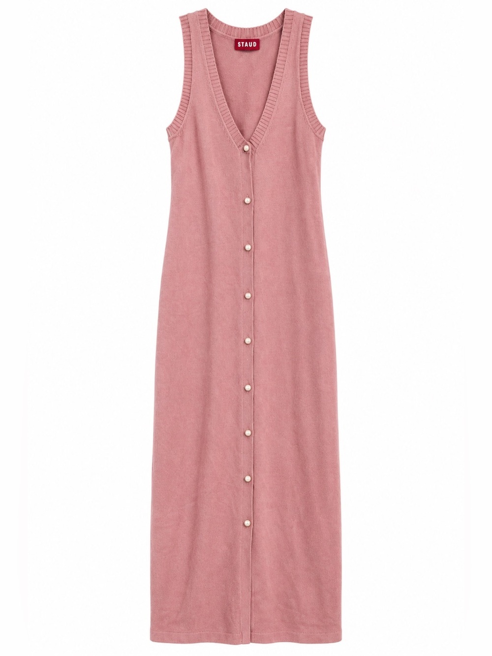 STAUD Dusty Rose Pink Sleeveless Knit Button Front Maxi Dress